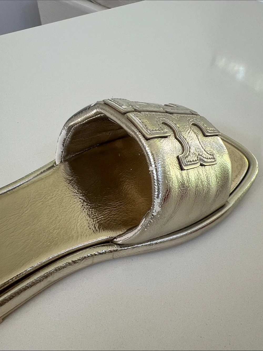 Tory Burch spark gold metallic open toe double T sport slide leather sandals 8